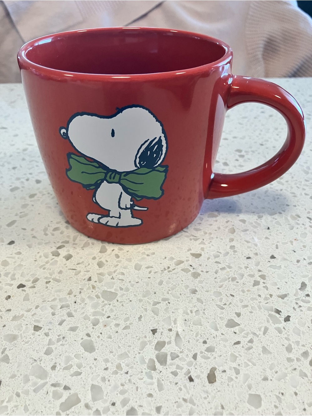 Red Ceramic Snoopy Mug with Green Bow Accent